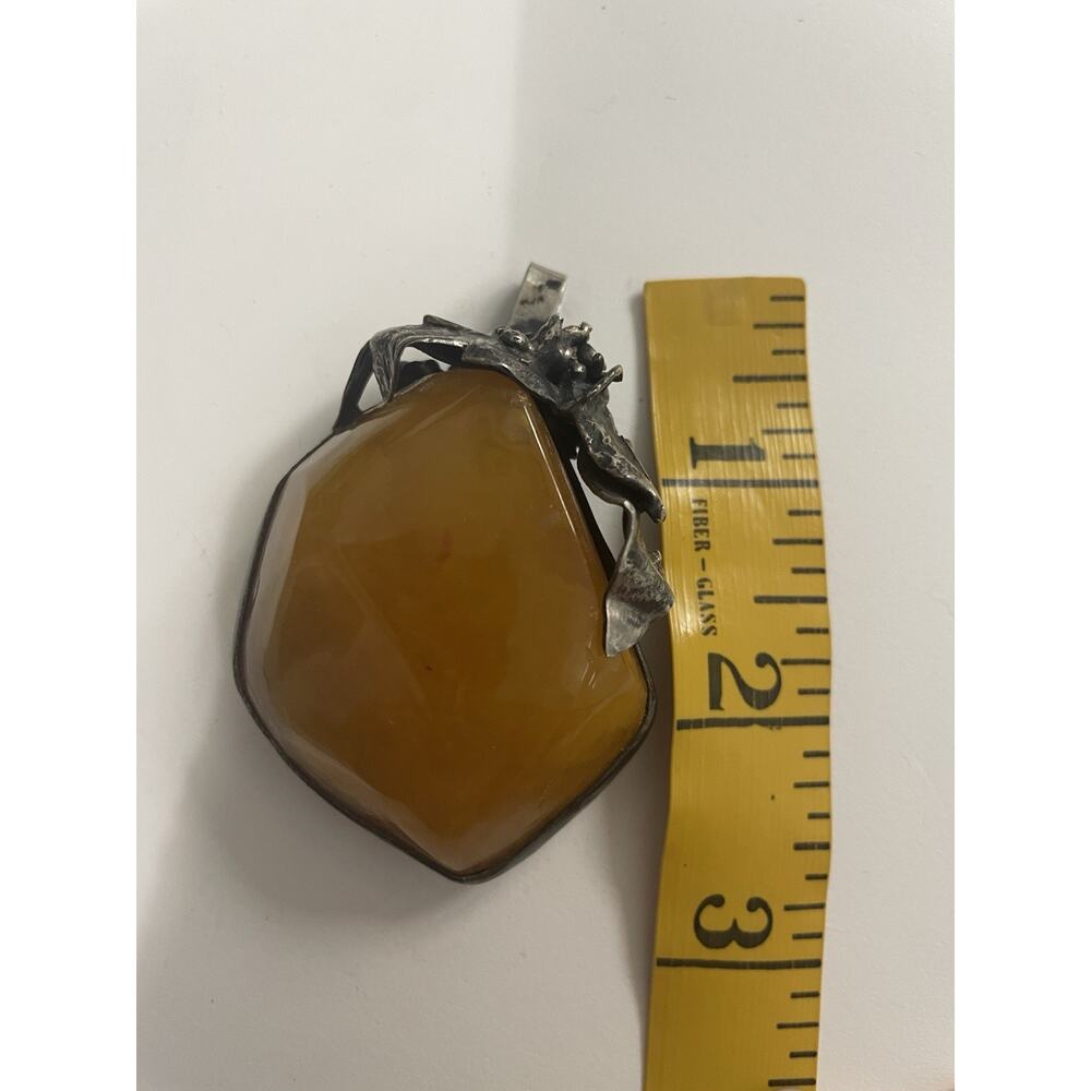 Vintage Baltic Amber Artisan Pendant Sterling Silver Frame Floral Leaf Motif 2” - Picture 6 of 8